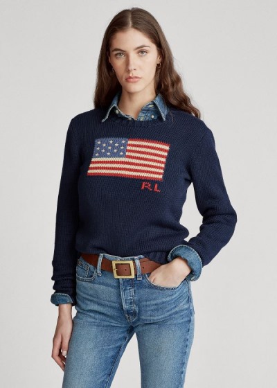 Sueter Polo Ralph Lauren Mujer Azul Marino - Flag Cotton Crewneck - TZFWX5018